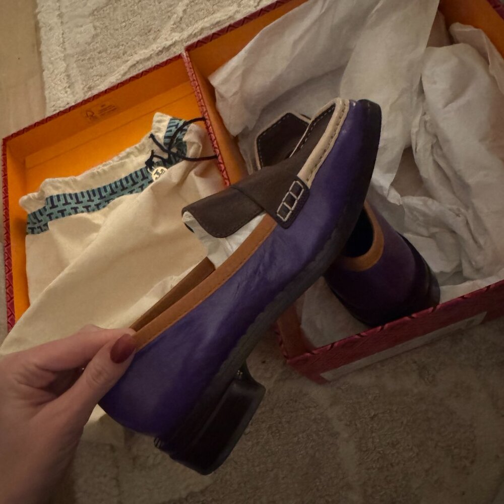 TORY BURCH 70s Square Toe Loafer In Plum/deep Purple/tan Cuoio size 7.5 - Picture 7 of 10